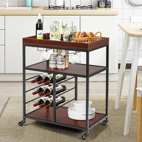 Kitchen Serving Trolley on Wheels Bar Cart Wine Rack Glass Holders 3 Tier