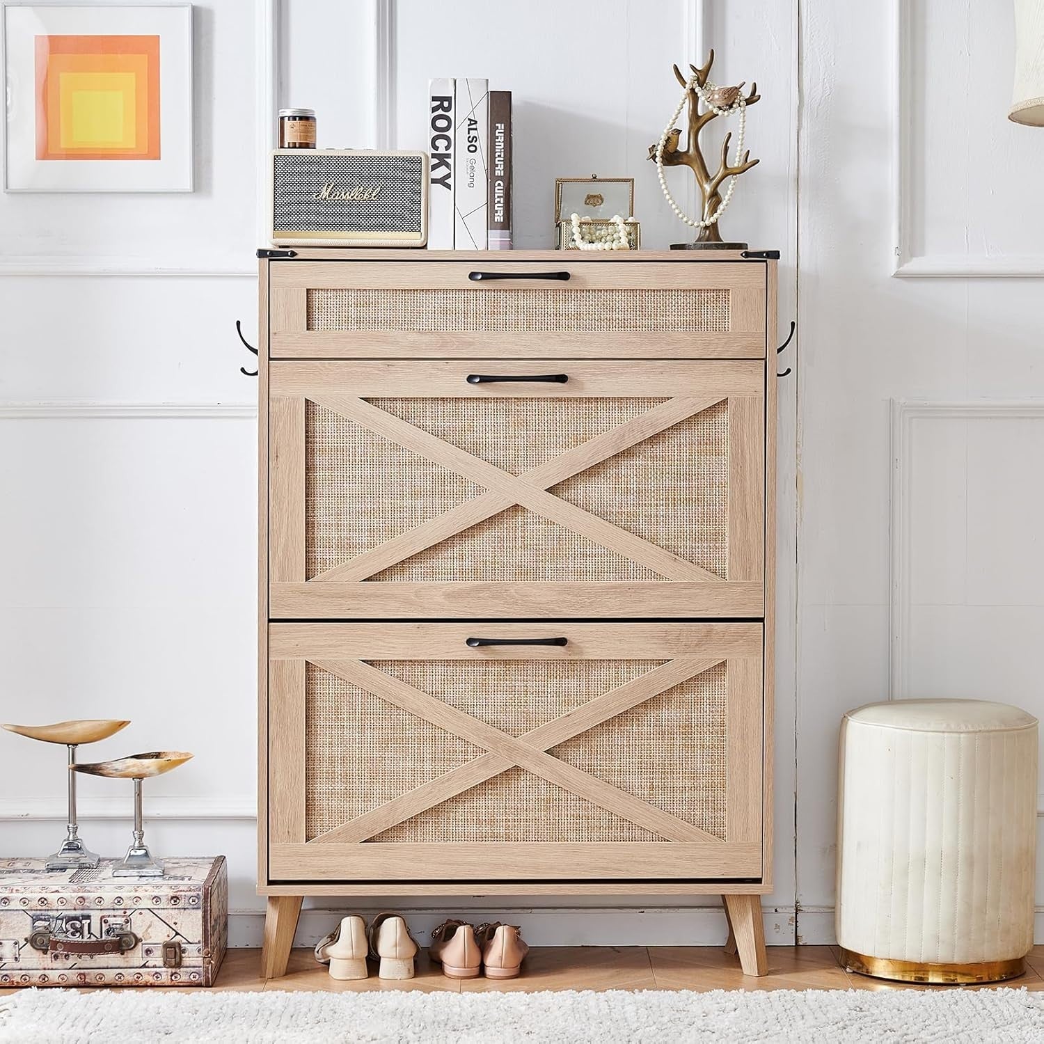 Slim Entryway Shoe Cabinet with Rattan Flip Drawers & Adjustable Shelves
