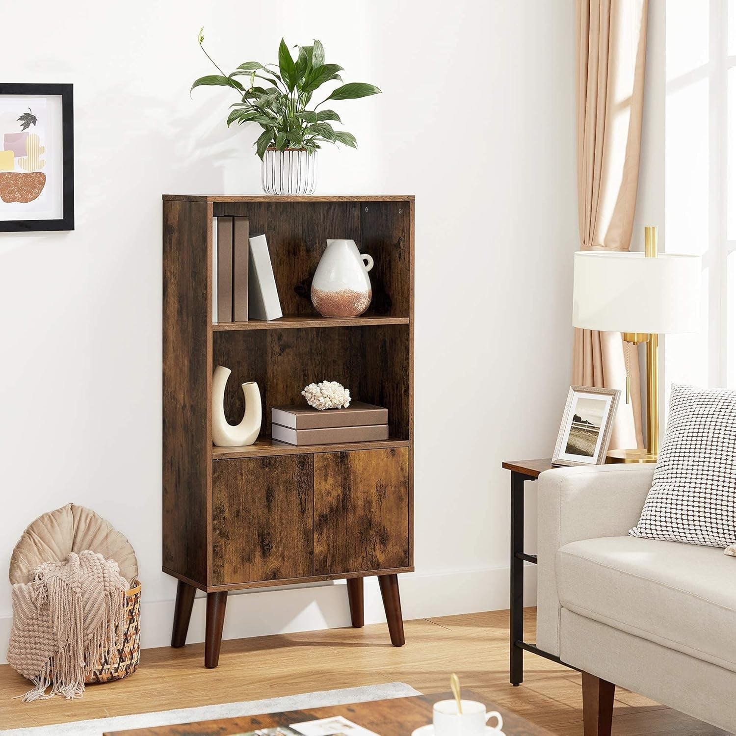 3-Tier Rustic Bookcase with Cabinet – Mid-Century Storage Shelf for Home & Offic