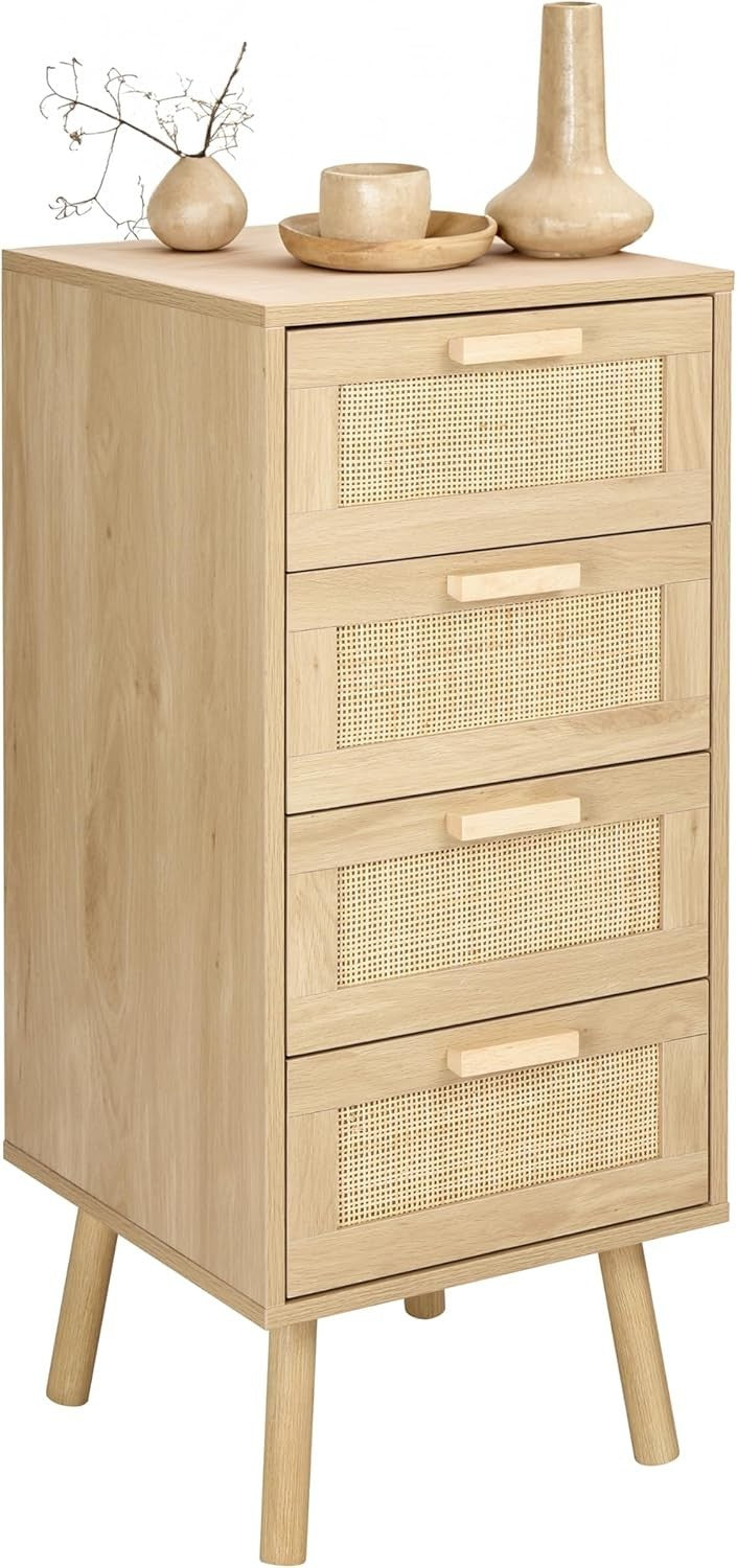 4 Drawer Rattan Chest Bedroom Storage Unit Tall Wooden Legs Compact Design