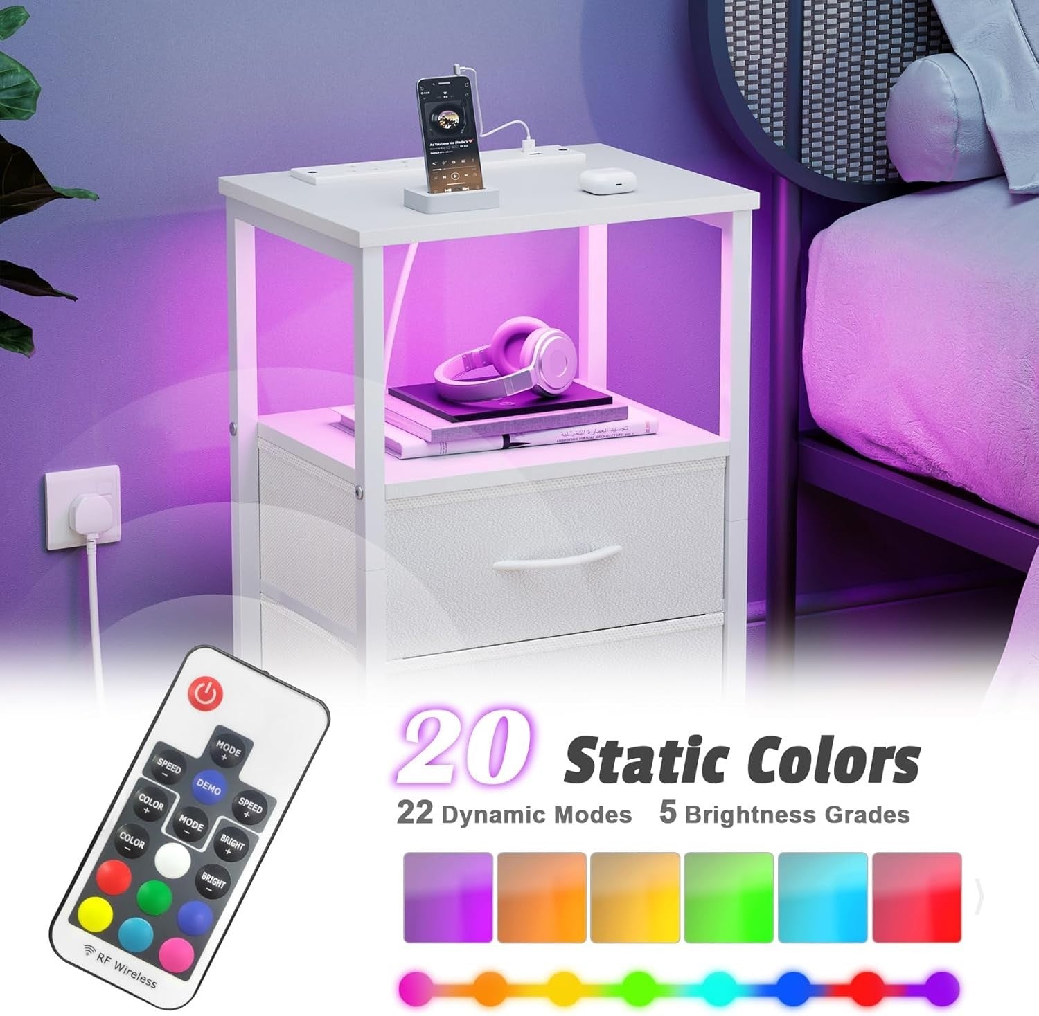 Set of 2 White Bedside Tables with LED Lights & USB Charging Ports