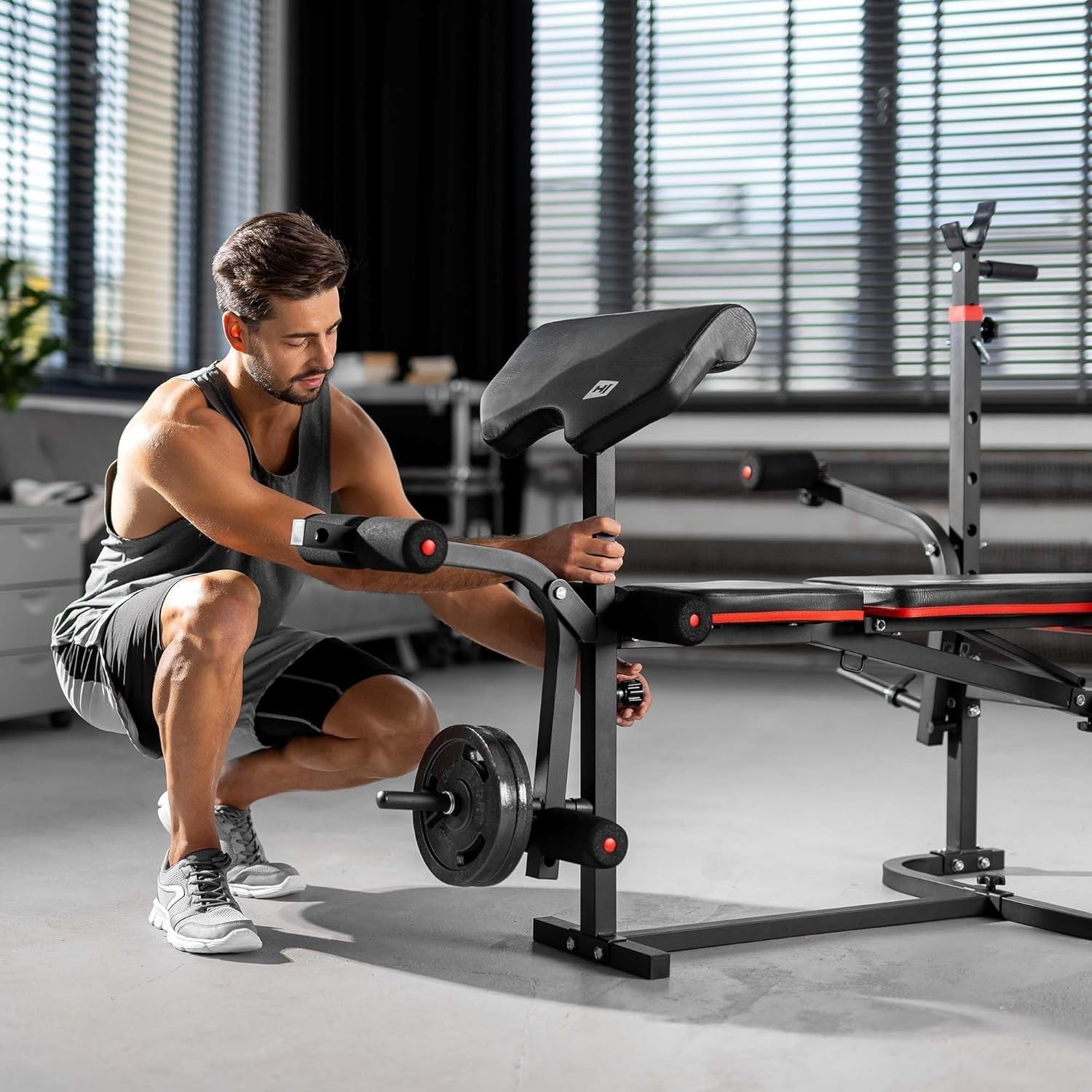 Foldable Multi-Function Weight Bench With Barbell Rack Curl & Leg Trainer