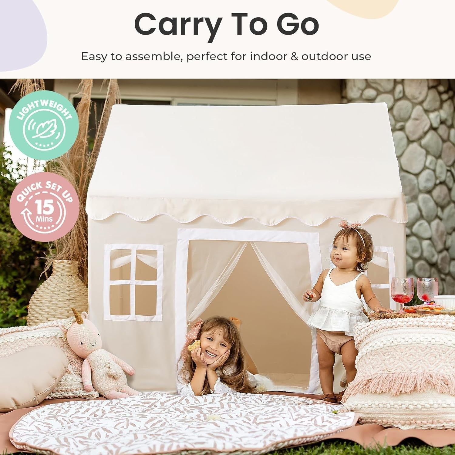 Large Kids Play Tent Indoor Outdoor w Lights Mat Castle Playhouse