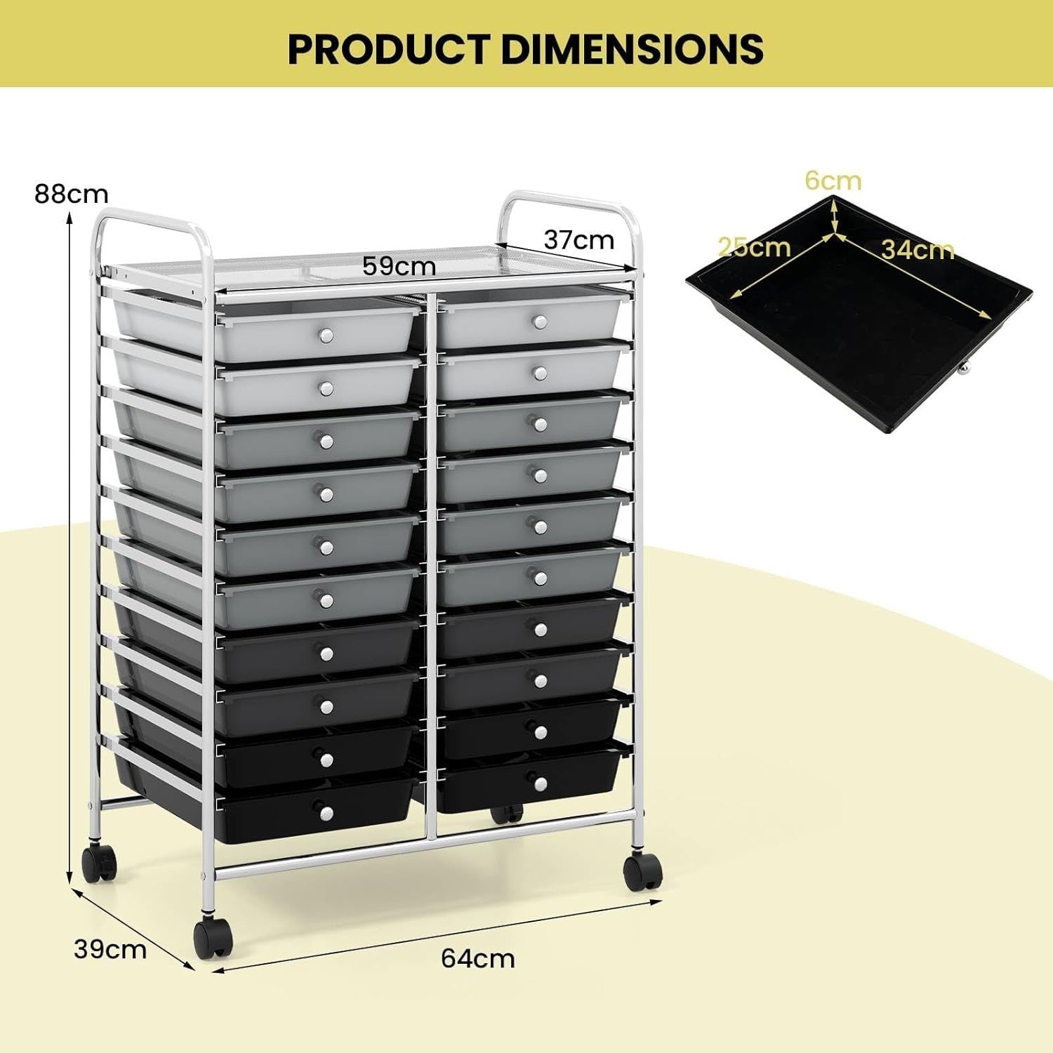 Gradient Black 20 Drawer Rolling Storage Trolley Utility Organizer Cart