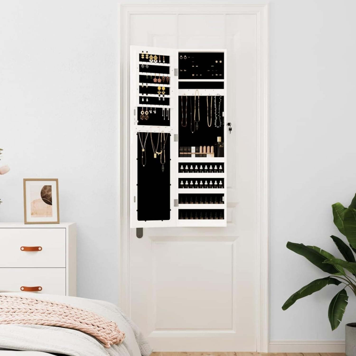 White Wall Mounted Mirror Jewelry Cabinet Lockable Slim Organizer Storage