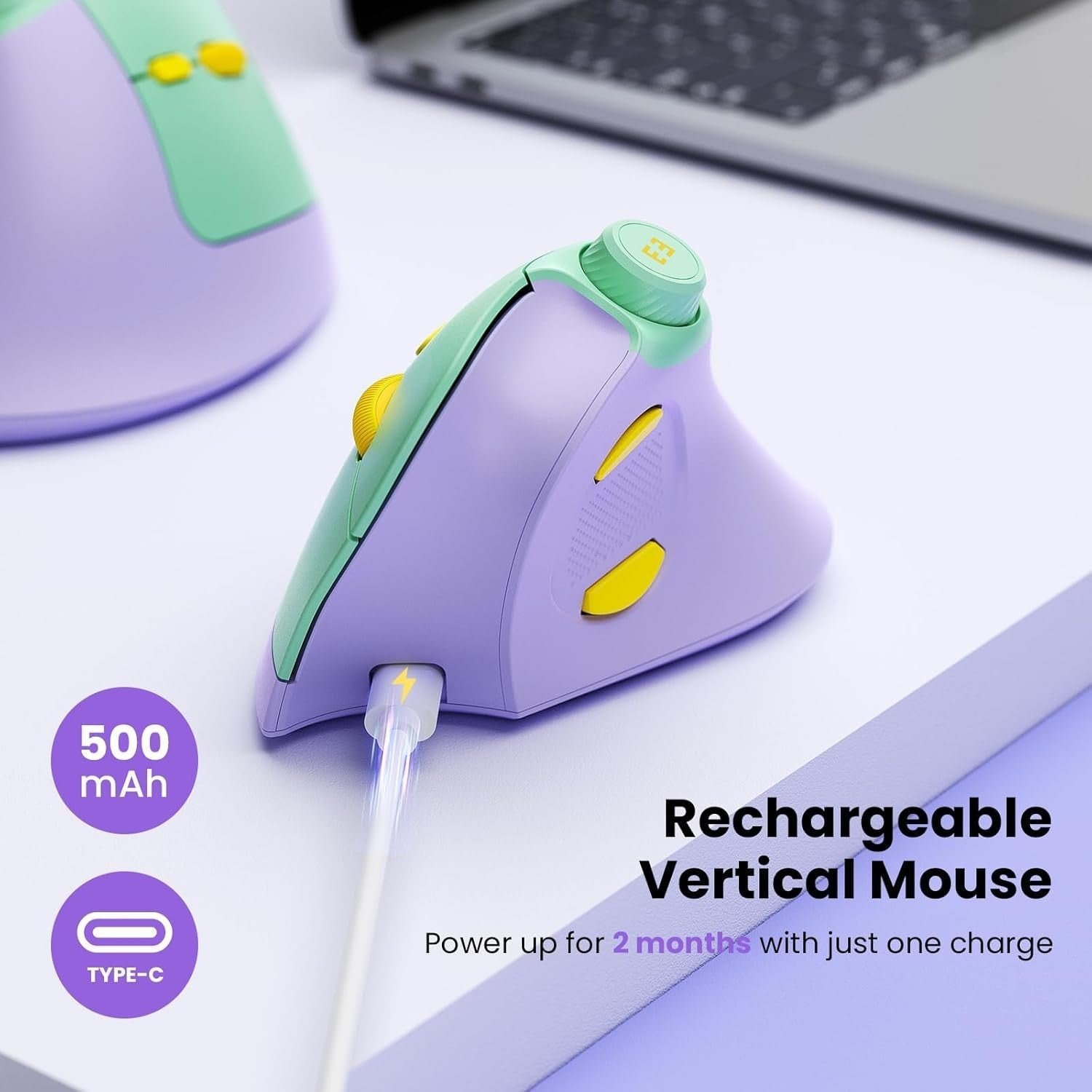 Vertical Ergonomic Wireless Mouse Rechargeable Bluetooth USB Purple