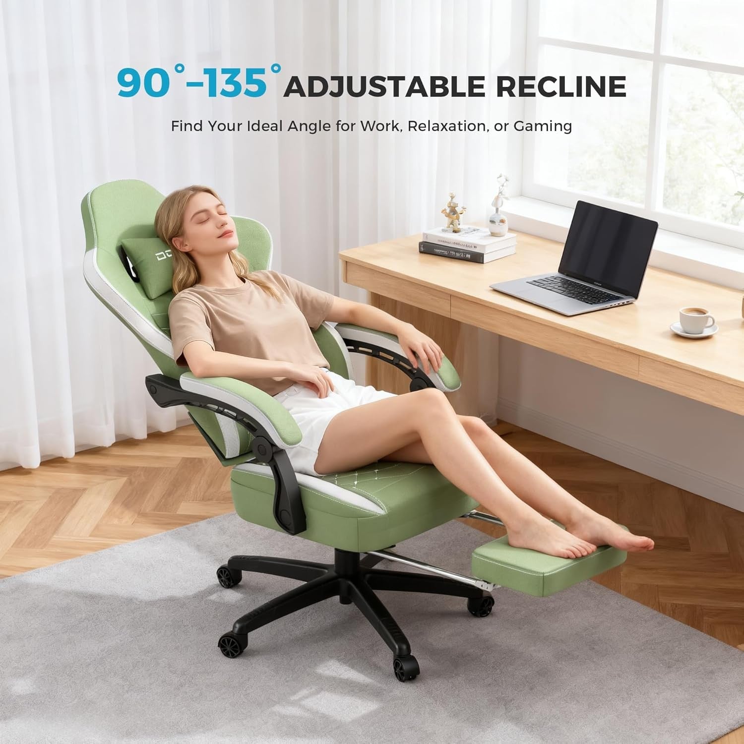 Oversized Gaming Chair Breathable Fabric Recliner w/ Footrest Green