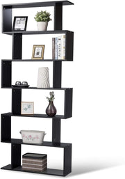 S Shaped 6 Tier Wooden Bookcase Freestanding Display Storage Shelf Black