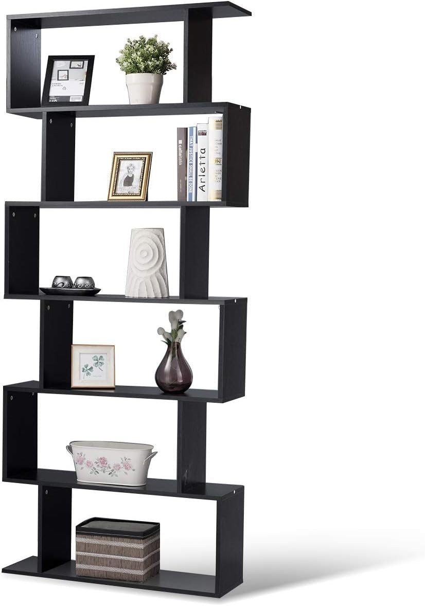S Shaped 6 Tier Wooden Bookcase Freestanding Display Storage Shelf Black