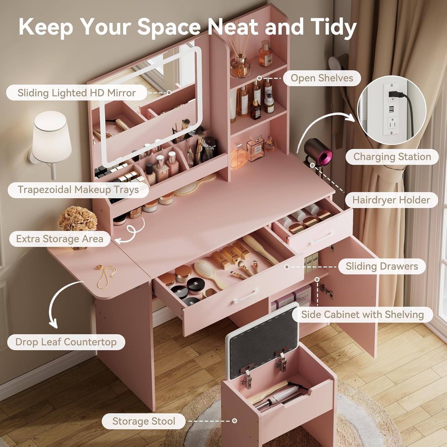 Pink Vanity Desk Makeup Table Set w/LED Light Mirror Drawers Stool Storage