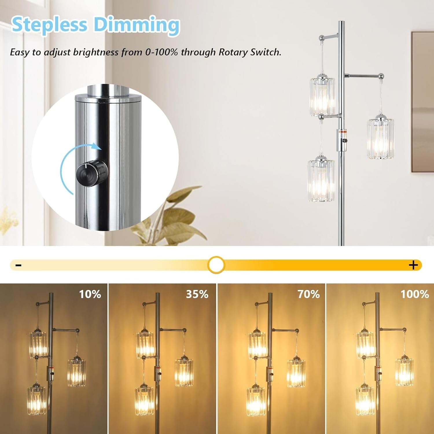Dimmable 3-Light Floor Lamp Chrome Crystal Shades LED Compatible Tall Lamp