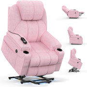 Power Lift Recliner Chair Massage Heat USB Type-C Cup Holders Pink Faux Leather