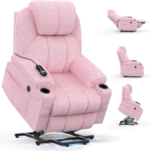 Power Lift Recliner Chair Massage Heat USB Type-C Cup Holders Pink Faux Leather
