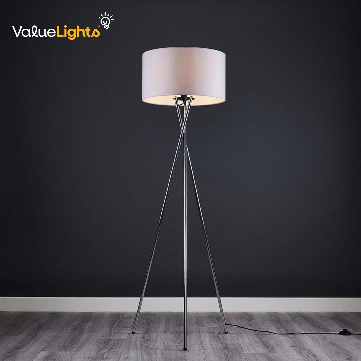 Modern Chrome Tripod Floor Lamp Pale Grey Shade Tall Living Room Light