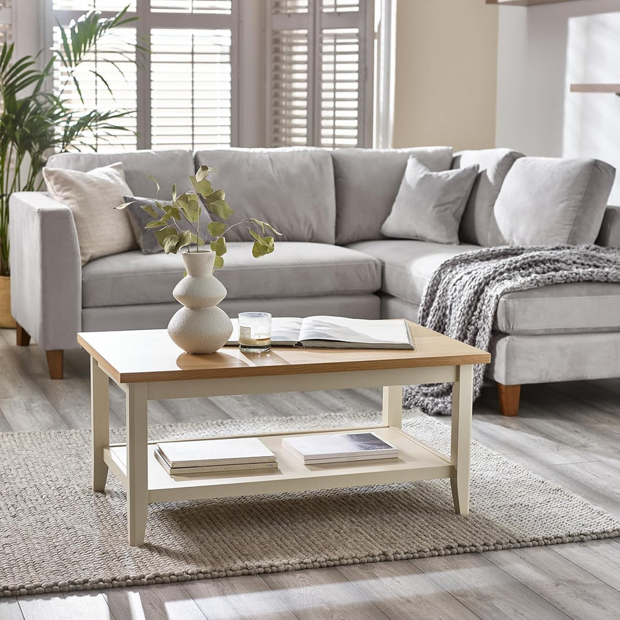 Solid Wood Coffee Table Farmhouse Style – Pale Oak Top Cream Legs – Modern