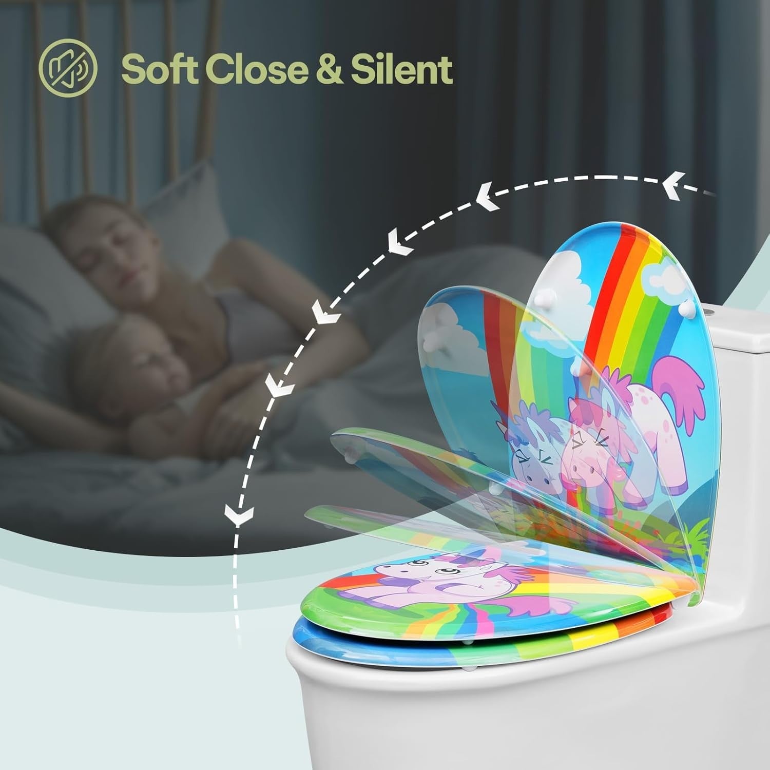 Soft Close O-Shaped Toilet Seat Quick Release Duroplast Rainbow Unicorn Print