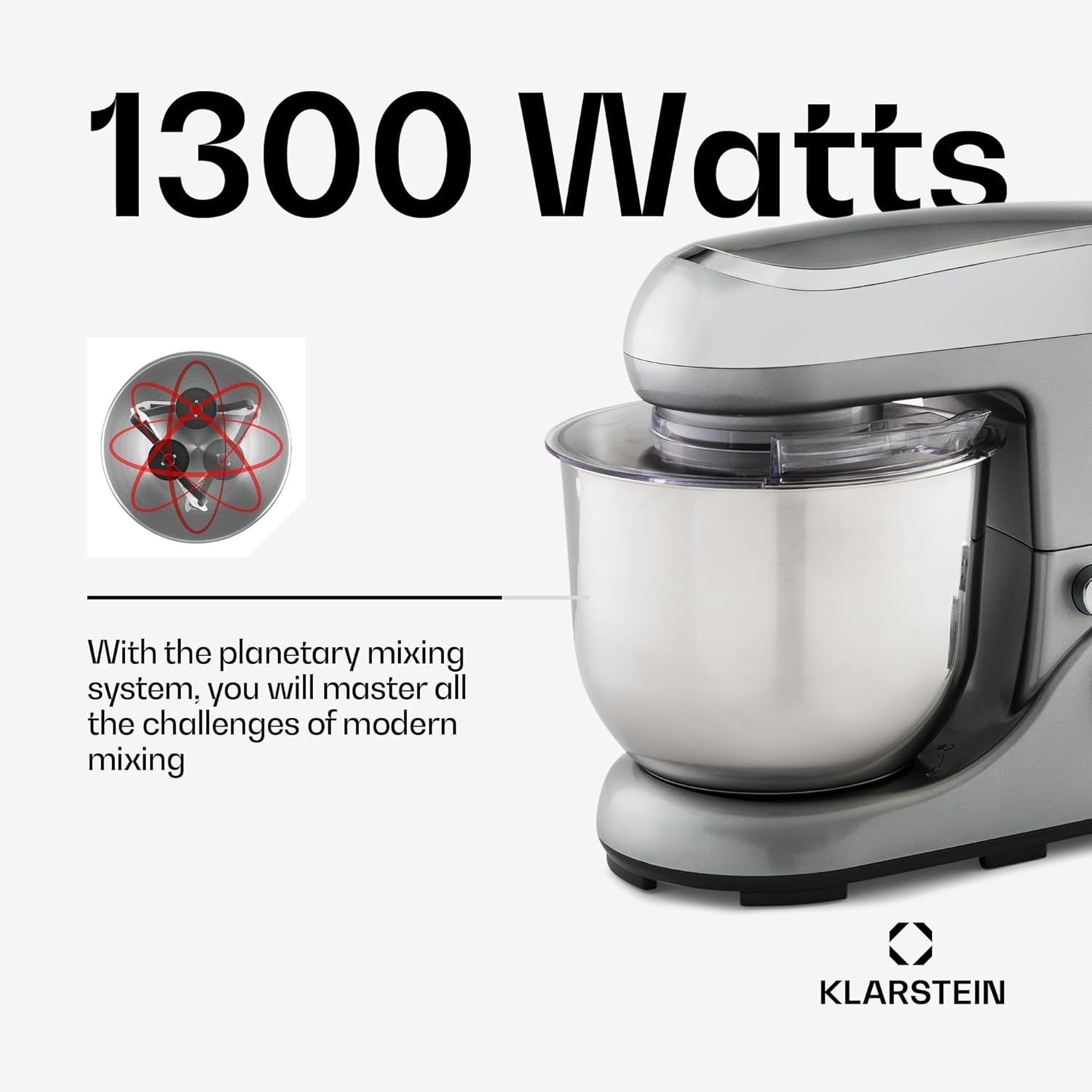5L Silver Stand Mixer 1300W 6-Speed Planetary Baking & Dough Machine
