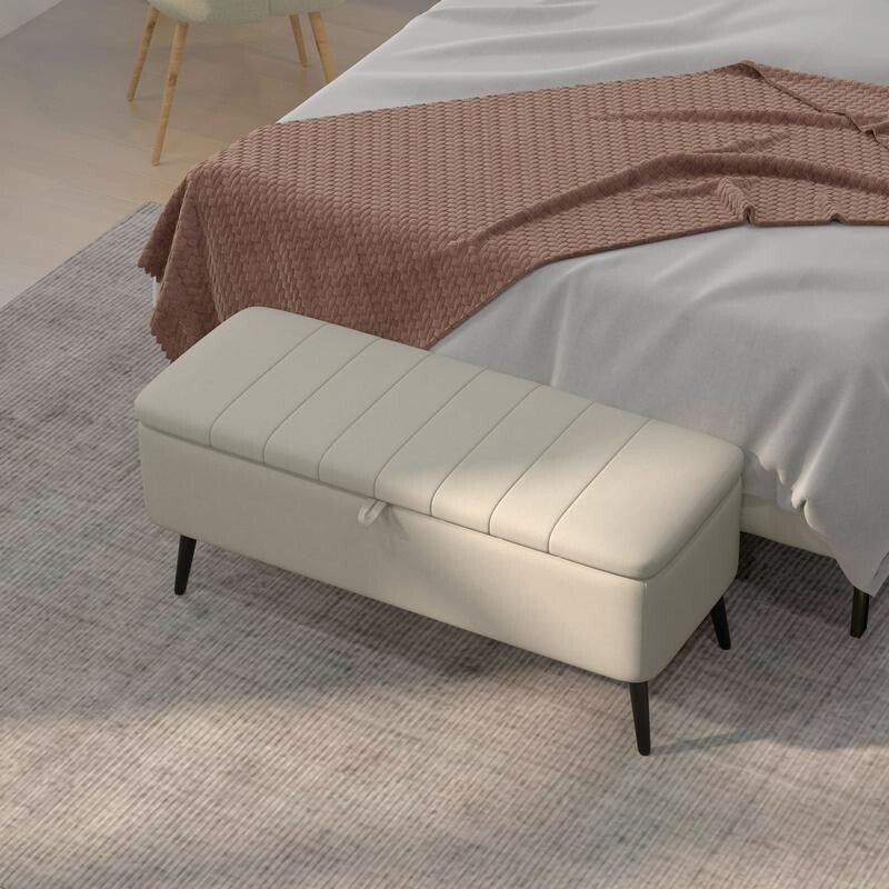Storage Ottoman Bench Cream Linen Seat Flip Top Stool Steel Legs Bedroom