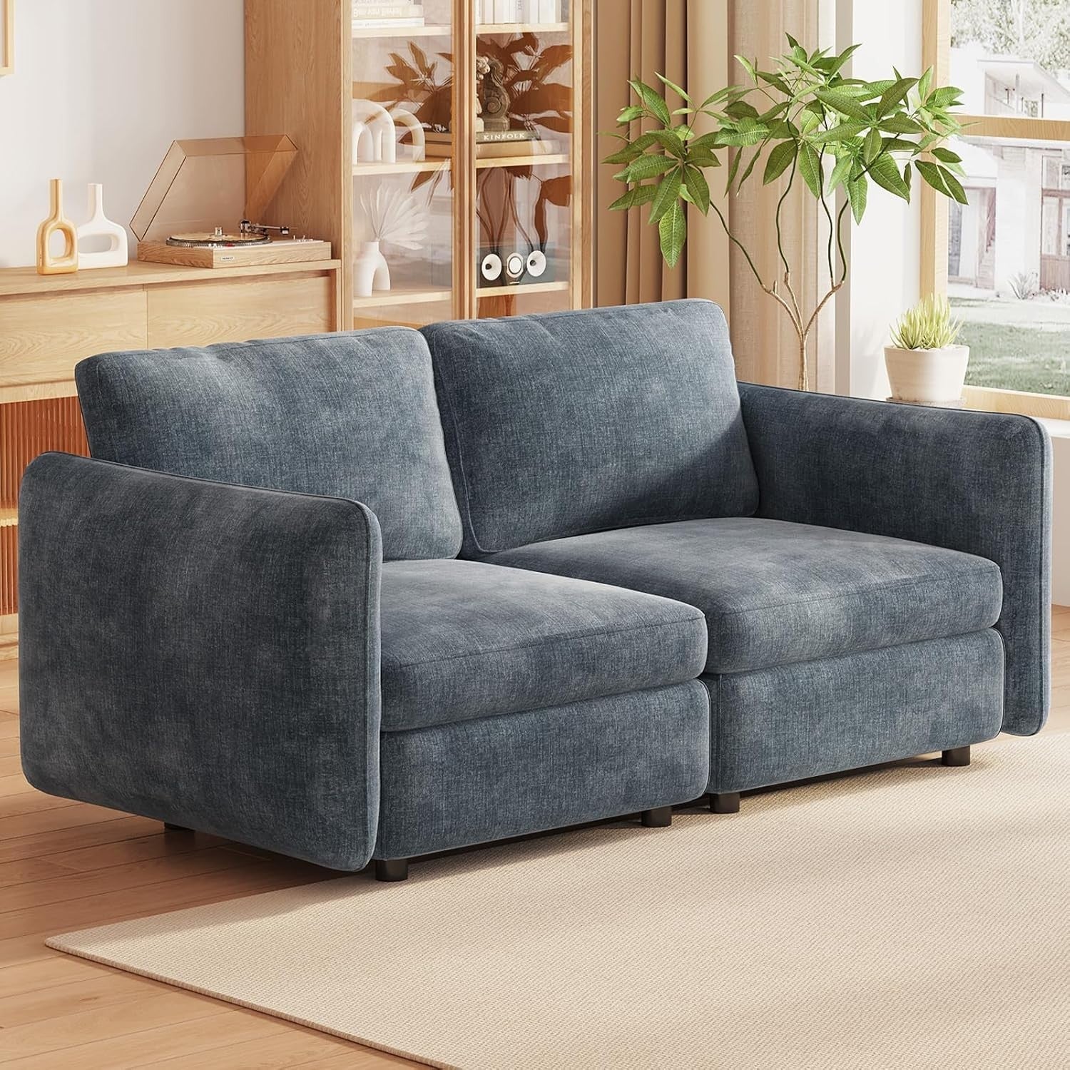 Modern 2 Seater Sofa Blue-Grey Deep Cushions 305CM Ergonomic Couch