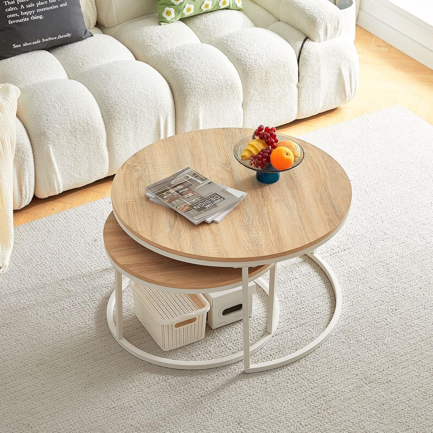 Space Saving Nesting Coffee Table Set Round White Oak End Side Tables Living Roo