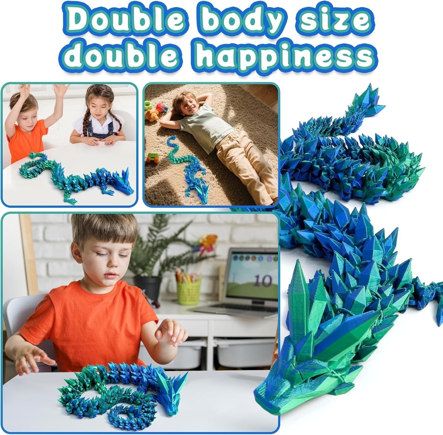 24in Green-Blue Pearly 3D Printed Dragon Articulated Fantasy Fidget Toy