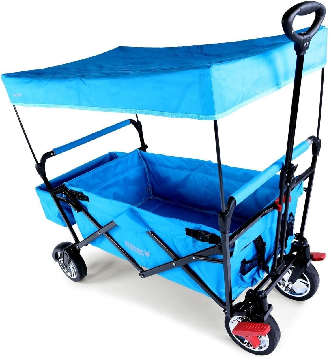 Blue Kids Folding Wagon Push Pull Stroller Cart w/ Canopy & Storage Bag