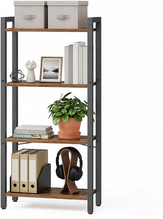 4-Tier Industrial Bookshelf Storage Unit Rustic Brown Metal Shelving Rack