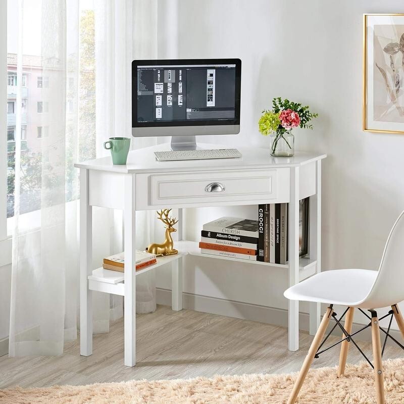 White Corner Desk 106cm L-Shaped Table with Drawer & Shelves for Small Room