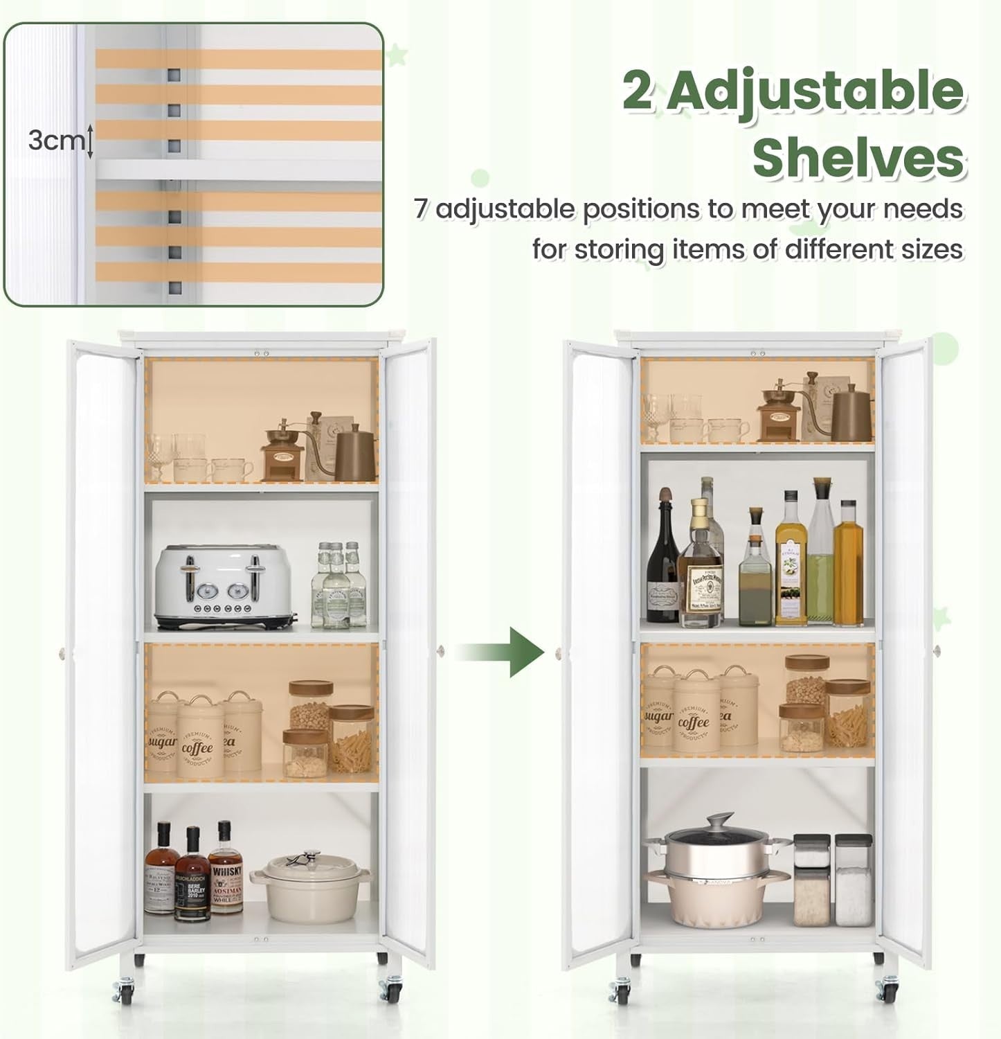 147cm White Mobile Storage Cabinet | Adjustable Shelves & Casters