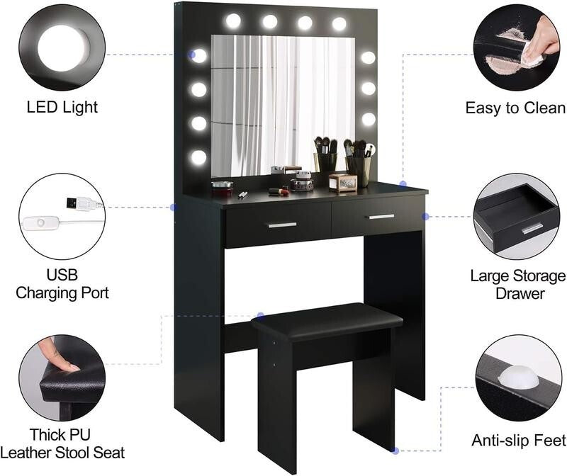 Hollywood LED Vanity Dressing Table Set w/ Mirror, Drawers & Stool Black