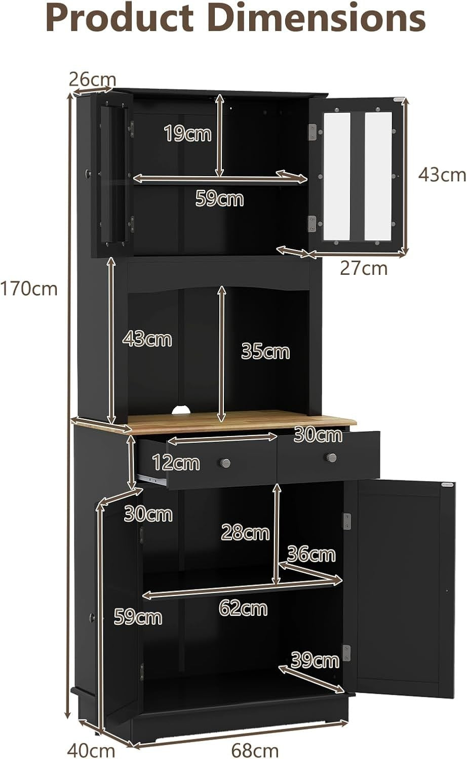 Black 170cm Tall Kitchen Cupboard 4-Door 4-Drawer Adjustable Shelves