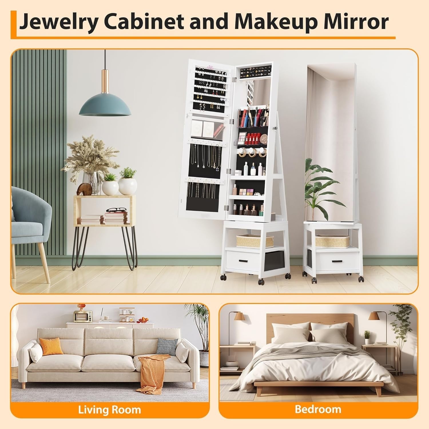 White 4 in 1 Rotating Jewellery Cabinet Full Length Mirror with Wheels