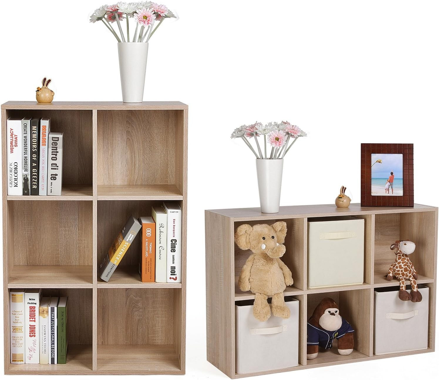 6-Compartment Oak Bookcase | Modern Cube Storage Shelf for Home Office Living Ro