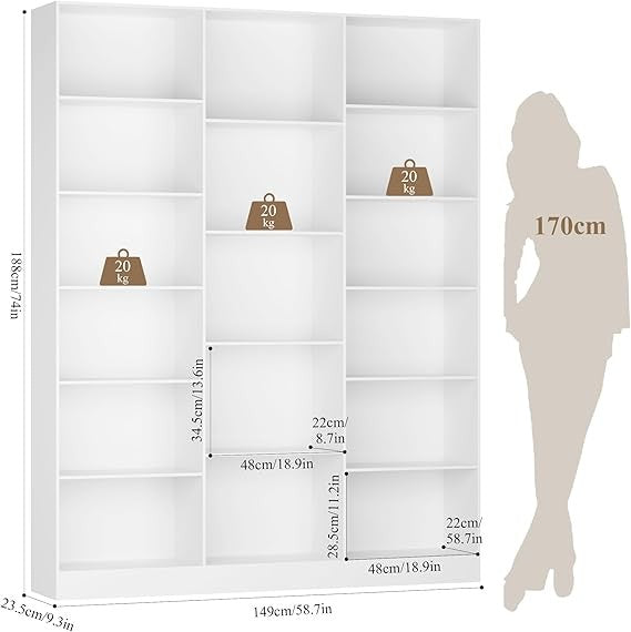 Tall White 6-Tier Bookshelf 188cm Large Display Unit with 17 Shelves for Home