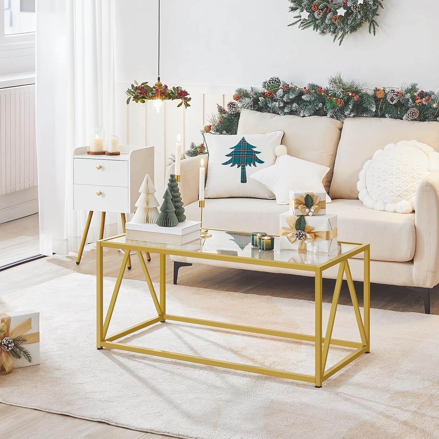 Modern Gold Glass Coffee Table, 100x50cm, Metal Frame, Easy Assembly