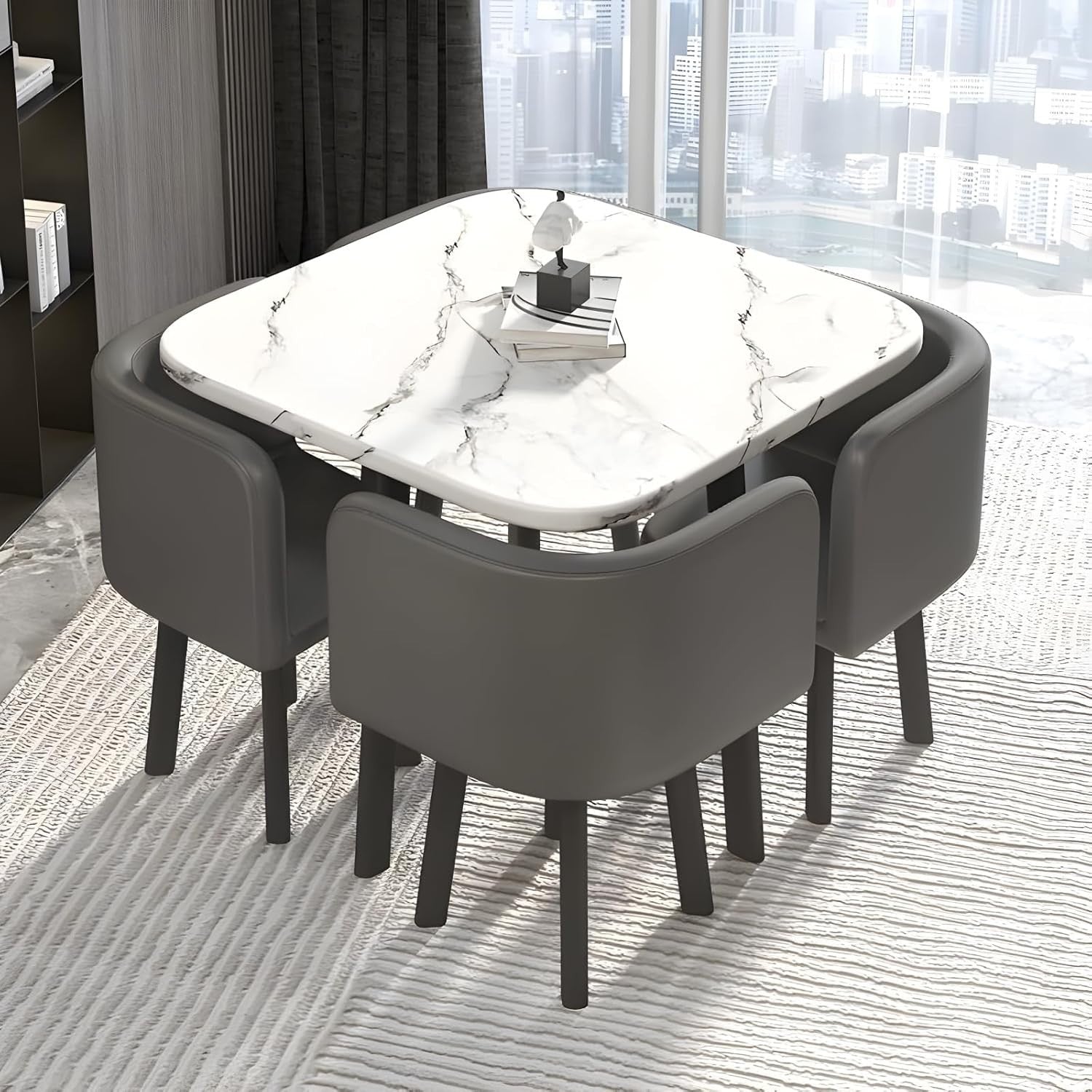 Modern 5-Piece White Dining Table Set with 4 Reclining Faux Leather Chairs