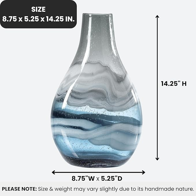 Blue Hand Blown Glass Vase 36cm Tall Modern Coastal Table Centerpiece