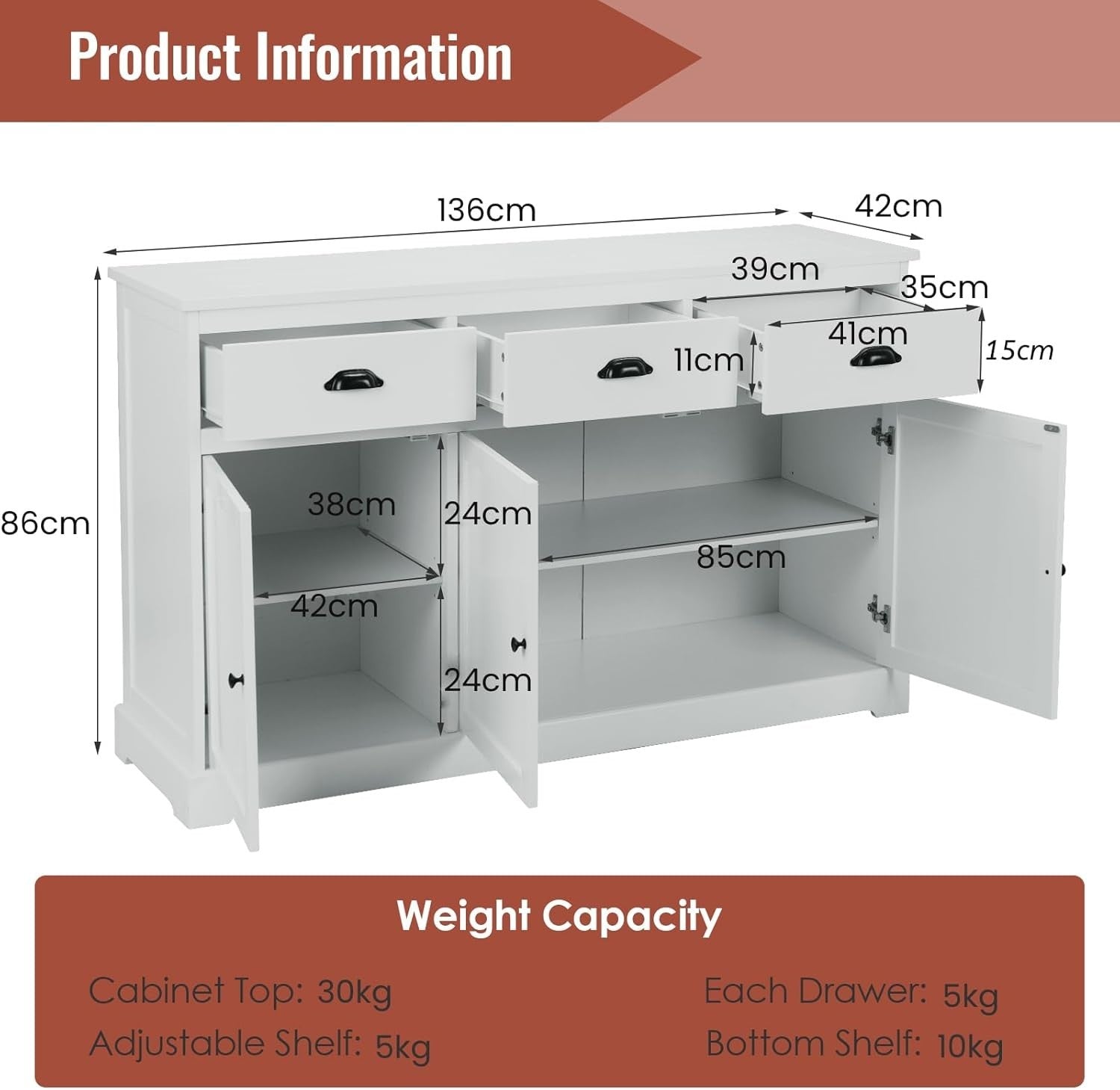 Grey Large Sideboard Buffet Cabinet with 3 Drawers & Adjustable Shelves