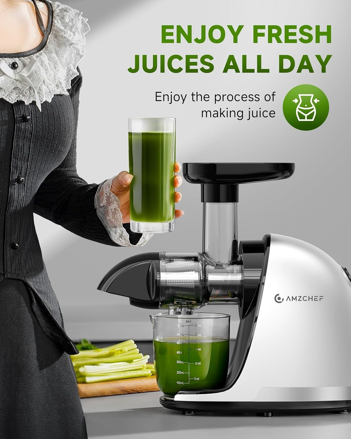 Cold Press Slow Juicer Masticating Whole Fruit High Yield Easy Clean White