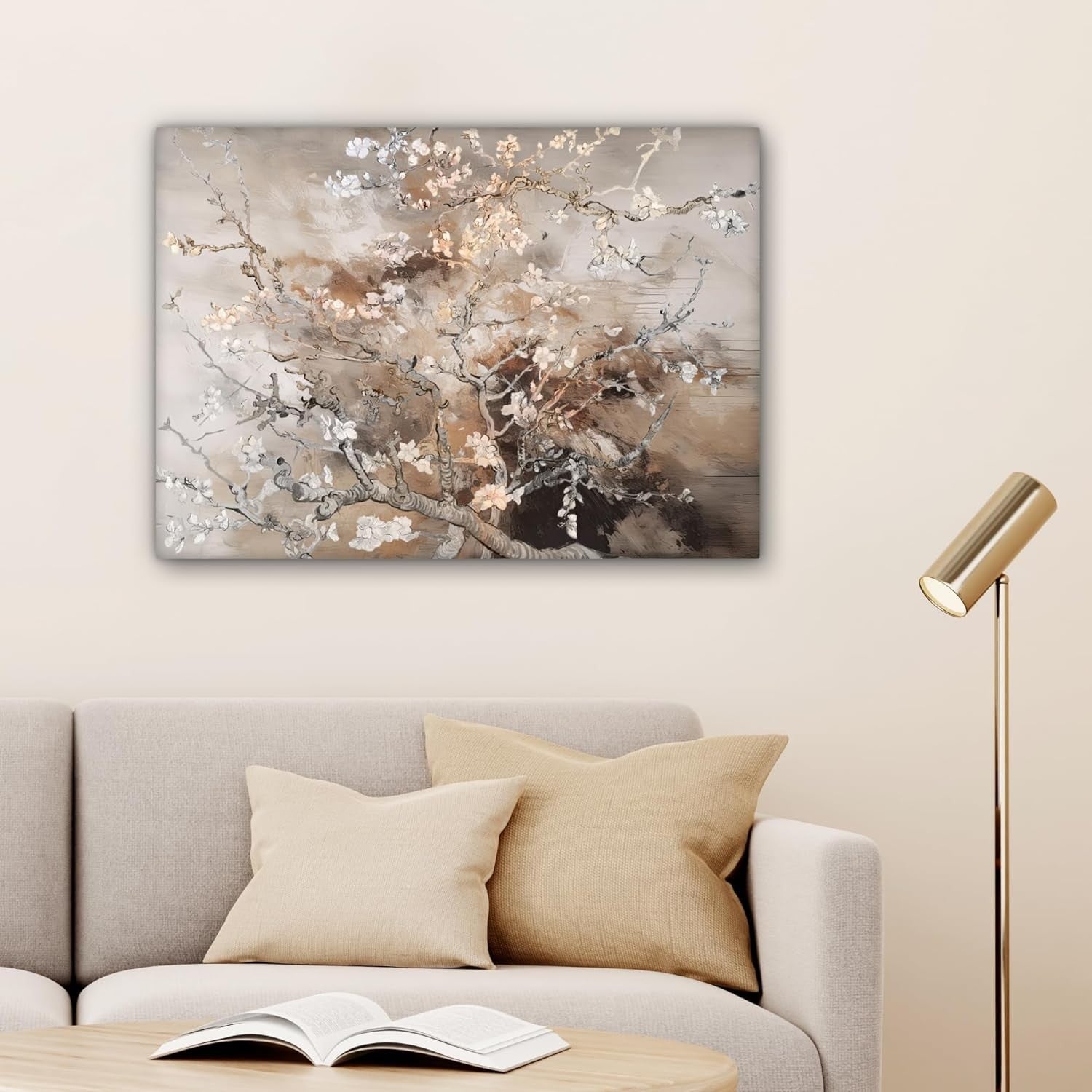 Almond Blossom Abstract Canvas Wall Art Beige Floral 70x50cm Living Room Decor
