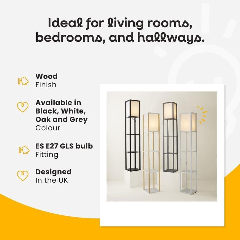 Wooden Floor Lamp with Shelves Black Modern Standing Light Storage