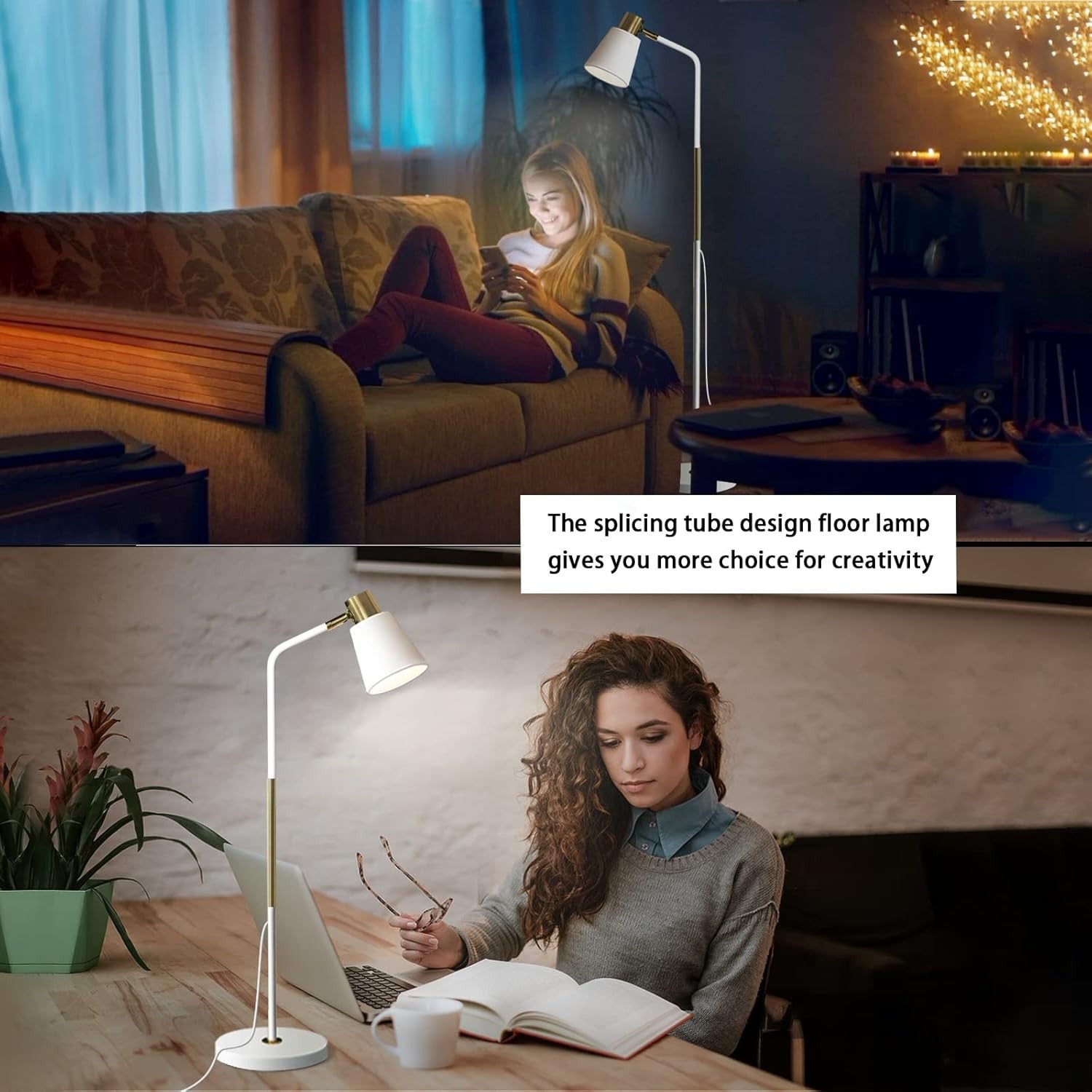 Industrial Floor Lamp Adjustable Metal Head Standing Reading Light White