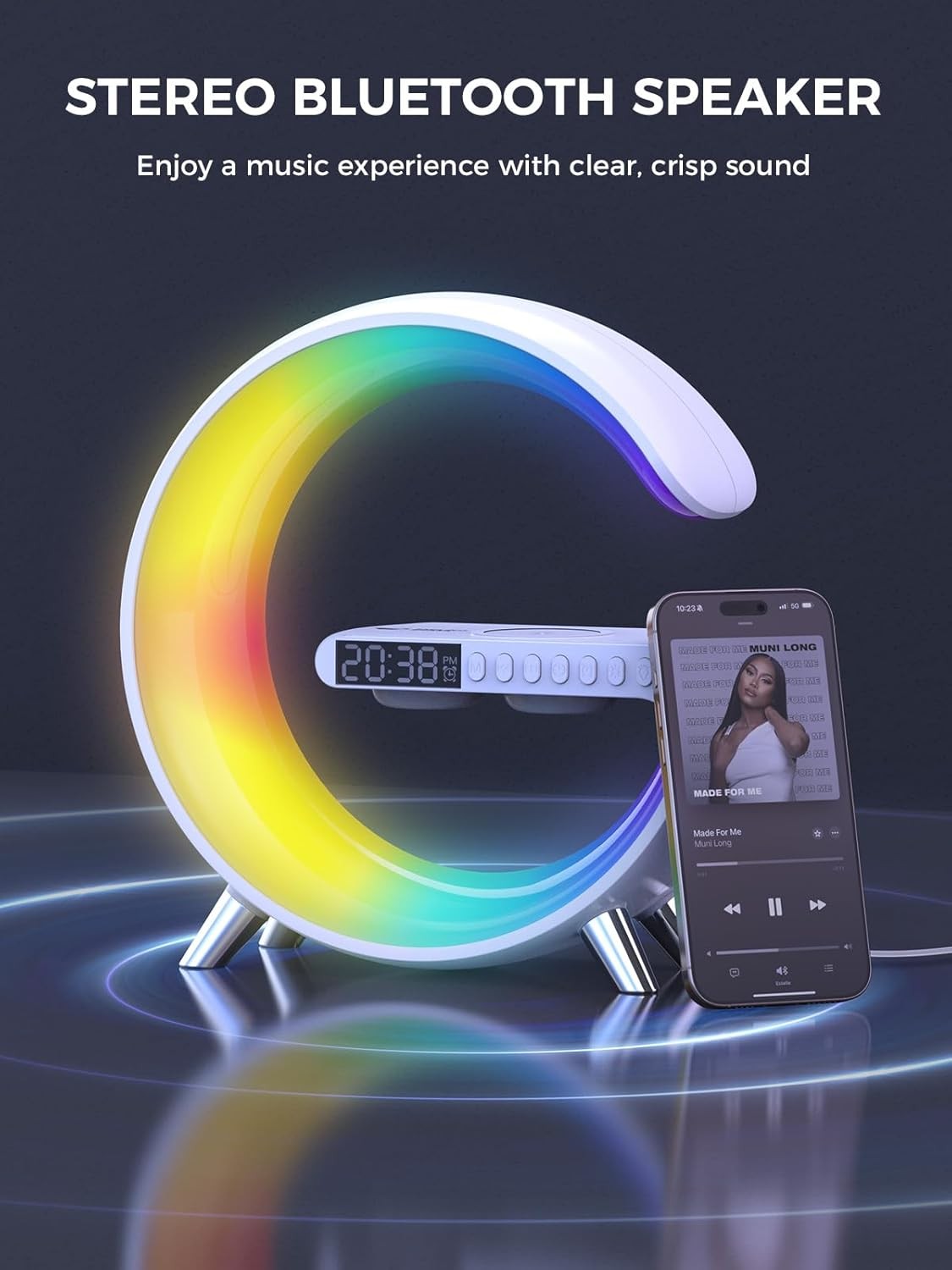 White RGB G-Shape Sunrise Wake Up Light Alarm Bluetooth Speaker Wireless Charger