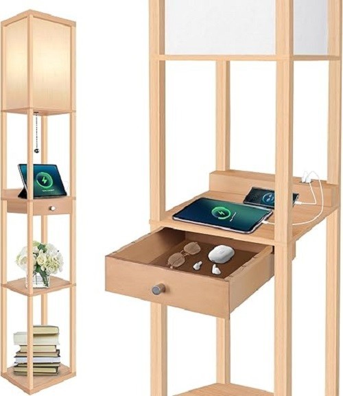 Floor Lamp with Drawer Shelves USB Dimmable LED Wooden Standing Light