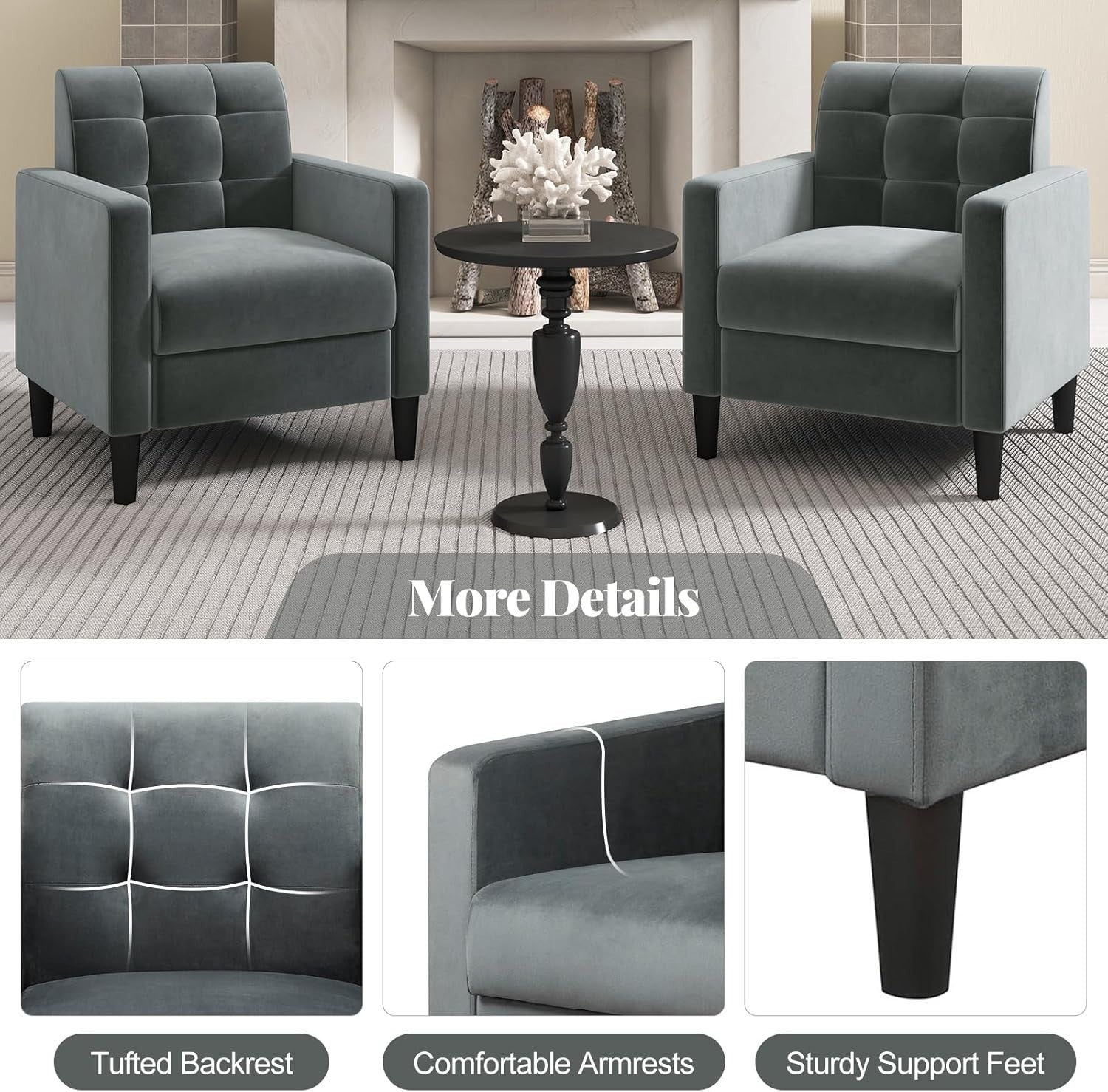 Tufted Velvet Accent Chair Armchair Lounge Seat Comfy Grey Sofa Modern