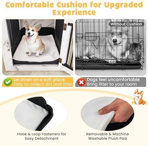 Wooden Dog Crate Side Table with Drawer, Plush Pad & USB Charging
