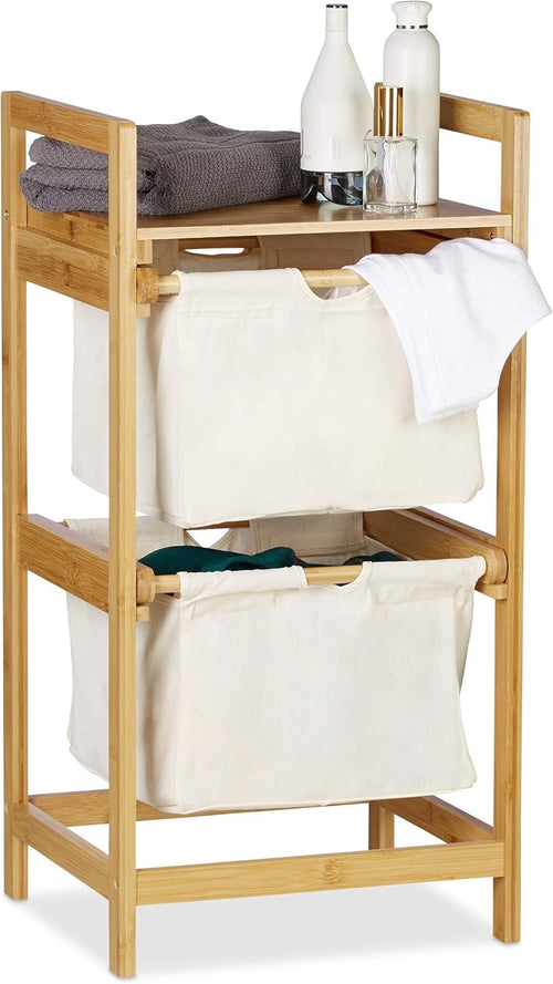 Bamboo Laundry Hamper 2 Drawer Clothes Sorter With Shelf Natural 25L Baskets