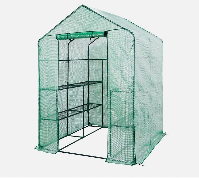 Walk-In Greenhouse with Shelves Reinforced PE Cover Roll-Up Door 143x195cm