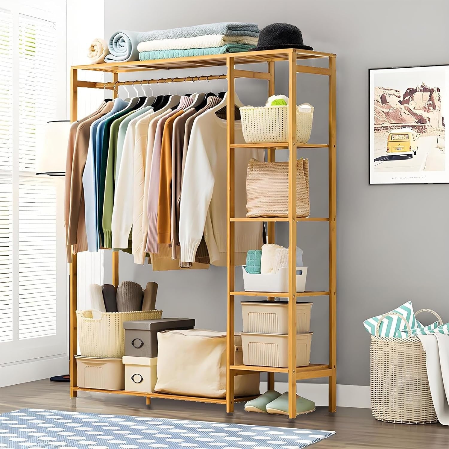 Bamboo Clothes Rail Garment Rack 4 Tier Storage Shelves Natural Wood