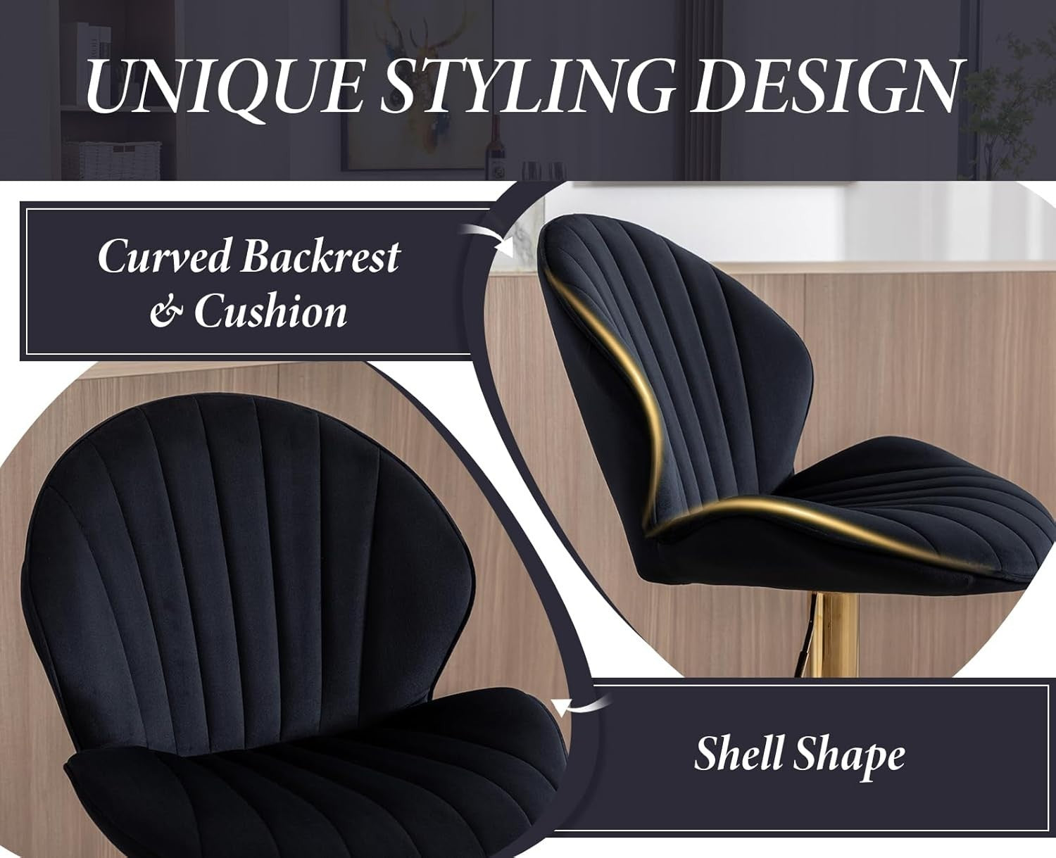 Black Velvet Swivel Bar Stools Set of 2 Adjustable Kitchen Counter Chairs